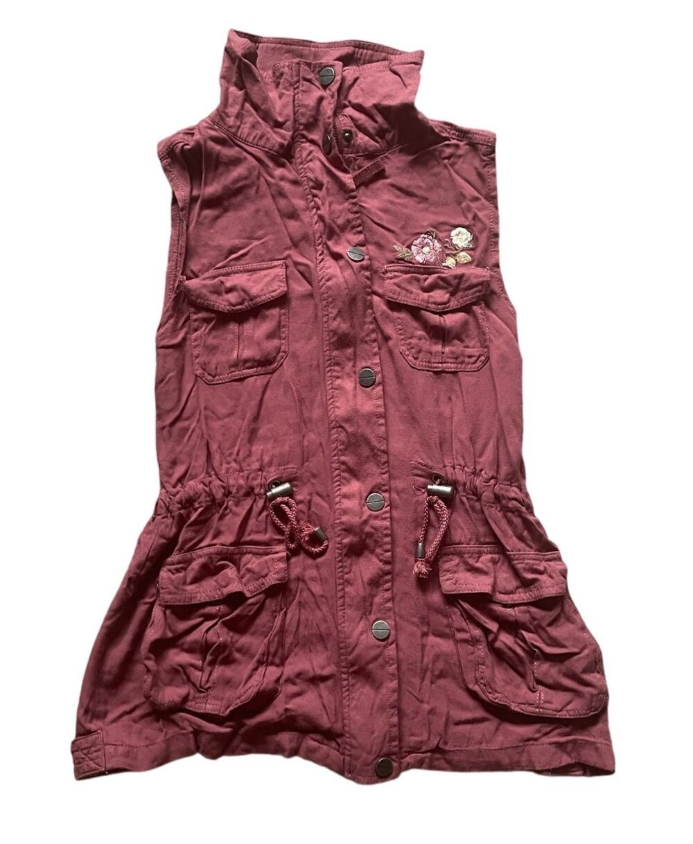 Womens Sleeveless Utility Jacket Sz Medium Floral Embroidery Garden Cottagecore